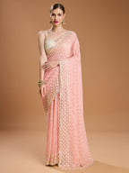 Jyoti Fashion Women's Peach Georgette Sequins Embroidered Designer Saree with Blouse | Grocsy