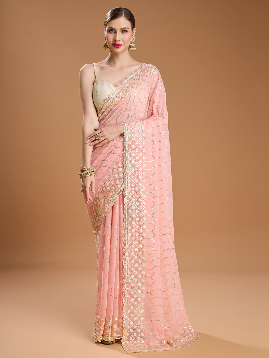 Jyoti Fashion Women's Peach Georgette Sequins Embroidered Designer Saree with Blouse | Grocsy