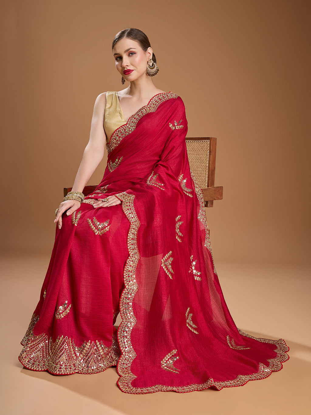 Jyoti Fashion Women's Maroon Chiffon Satin Sequins Embroidered Designer Saree with Blouse | Grocsy