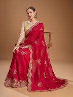 Jyoti Fashion Women's Maroon Chiffon Satin Sequins Embroidered Designer Saree with Blouse | Grocsy