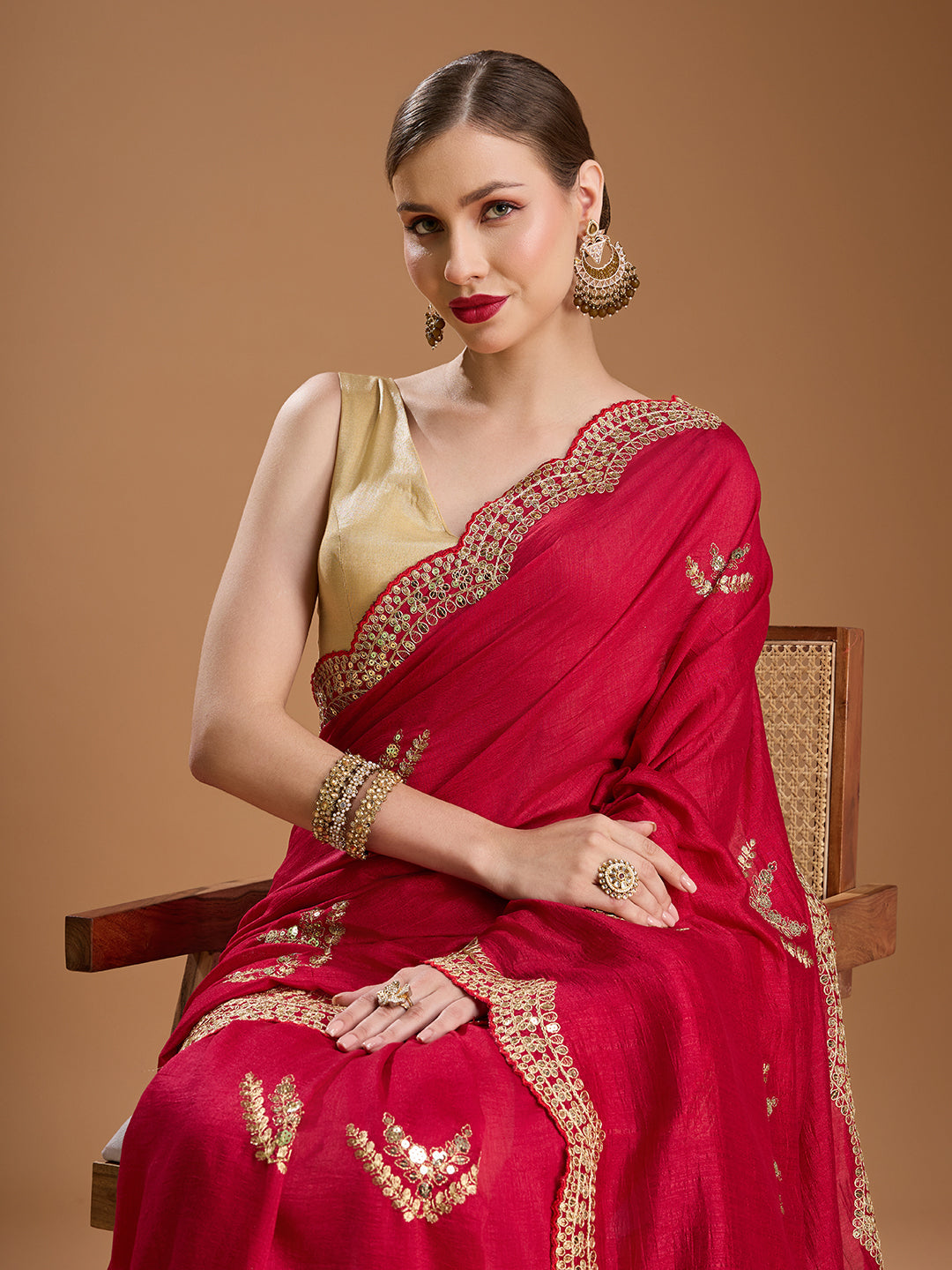 Jyoti Fashion Women's Maroon Chiffon Satin Sequins Embroidered Designer Saree with Blouse | Grocsy