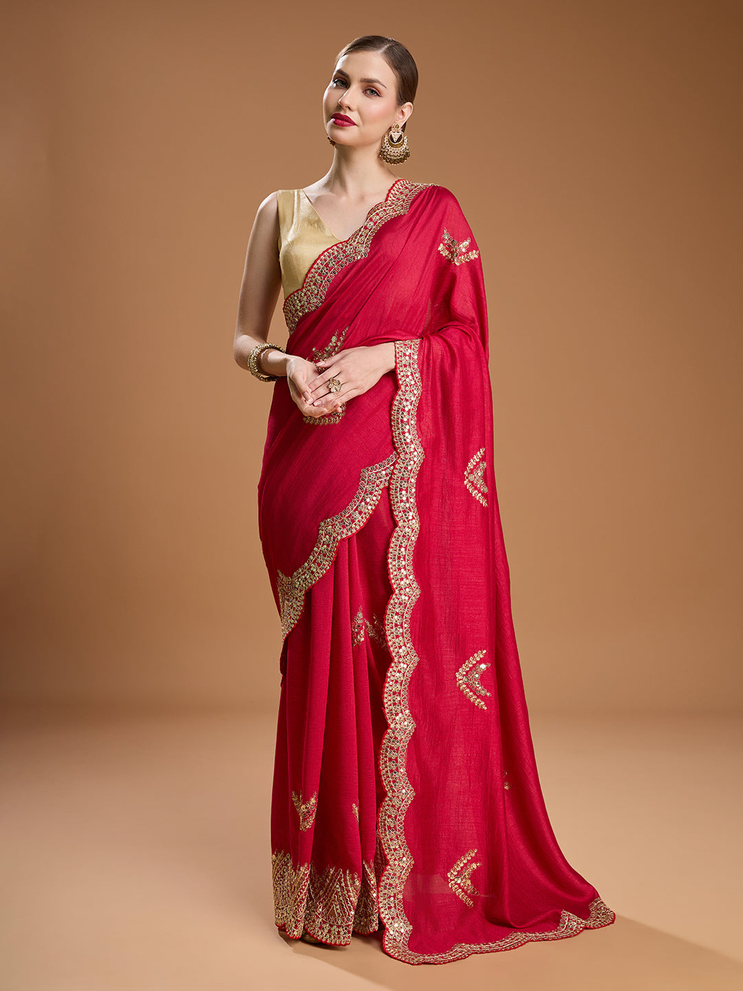Jyoti Fashion Women's Maroon Chiffon Satin Sequins Embroidered Designer Saree with Blouse | Grocsy
