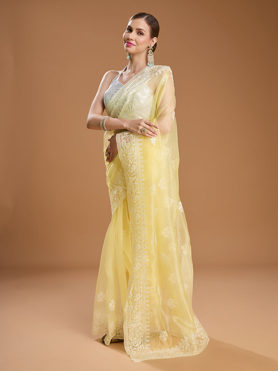 Jyoti Fashion Women's Yellow Net Sequins Embroidered Designer Saree with Blouse | Grocsy