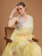 Jyoti Fashion Women's Yellow Net Sequins Embroidered Designer Saree with Blouse | Grocsy