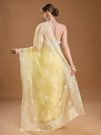 Jyoti Fashion Women's Yellow Net Sequins Embroidered Designer Saree with Blouse | Grocsy
