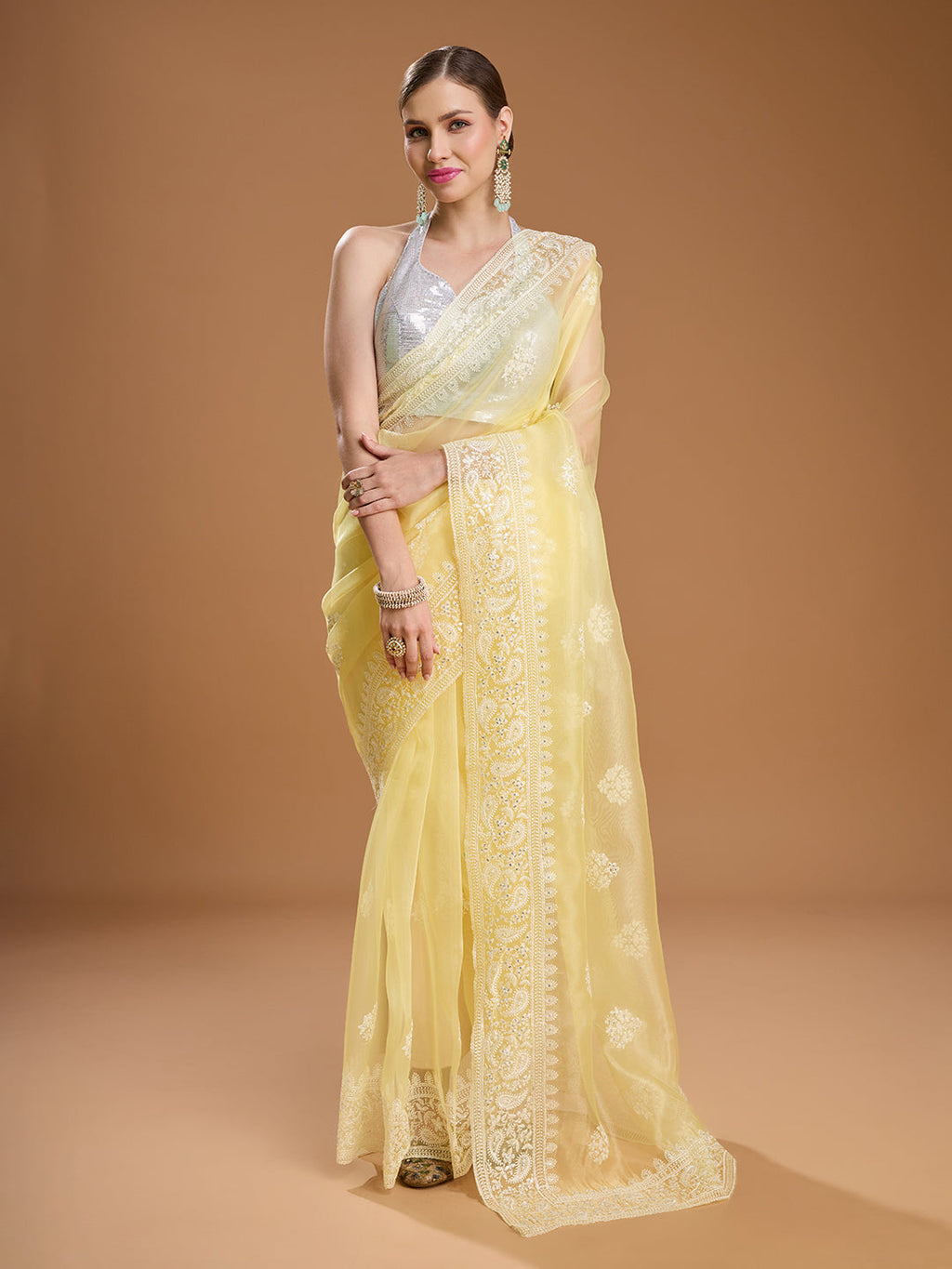 Jyoti Fashion Women's Yellow Net Sequins Embroidered Designer Saree with Blouse | Grocsy