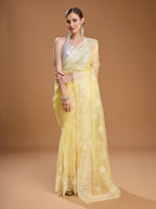 Jyoti Fashion Women's Yellow Net Sequins Embroidered Designer Saree with Blouse | Grocsy