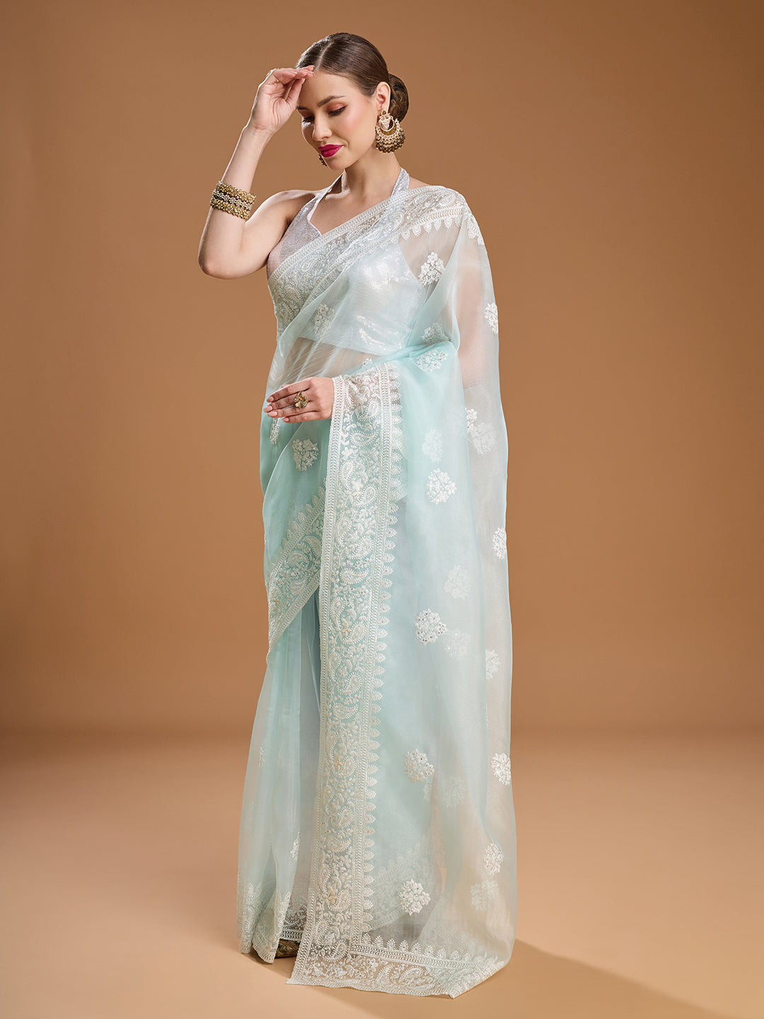 Jyoti Fashion Women's Sky Blue Net Sequins Embroidered Designer Saree with Blouse | Grocsy