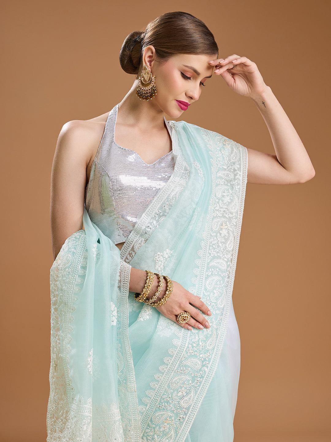 Jyoti Fashion Women's Sky Blue Net Sequins Embroidered Designer Saree with Blouse | Grocsy