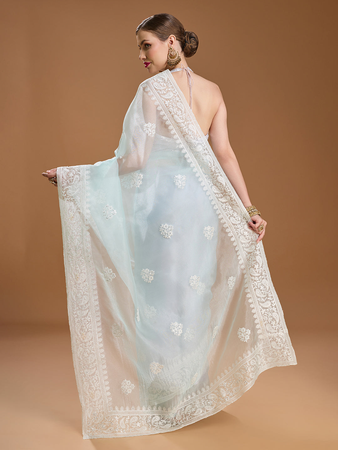 Jyoti Fashion Women's Sky Blue Net Sequins Embroidered Designer Saree with Blouse | Grocsy