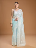 Jyoti Fashion Women's Sky Blue Net Sequins Embroidered Designer Saree with Blouse | Grocsy