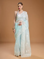 Jyoti Fashion Women's Sky Blue Net Sequins Embroidered Designer Saree with Blouse | Grocsy