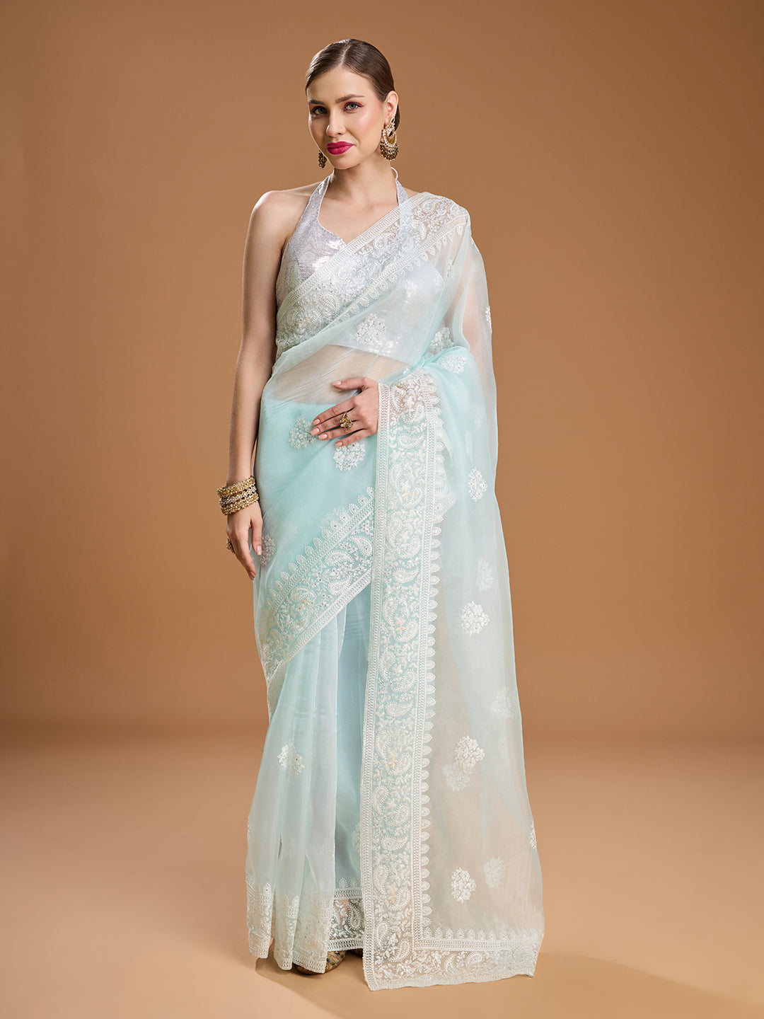 Jyoti Fashion Women's Sky Blue Net Sequins Embroidered Designer Saree with Blouse | Grocsy