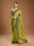 Jyoti Fashion Women's Green Organza Sequins Embroidered Designer Saree with Blouse | Grocsy