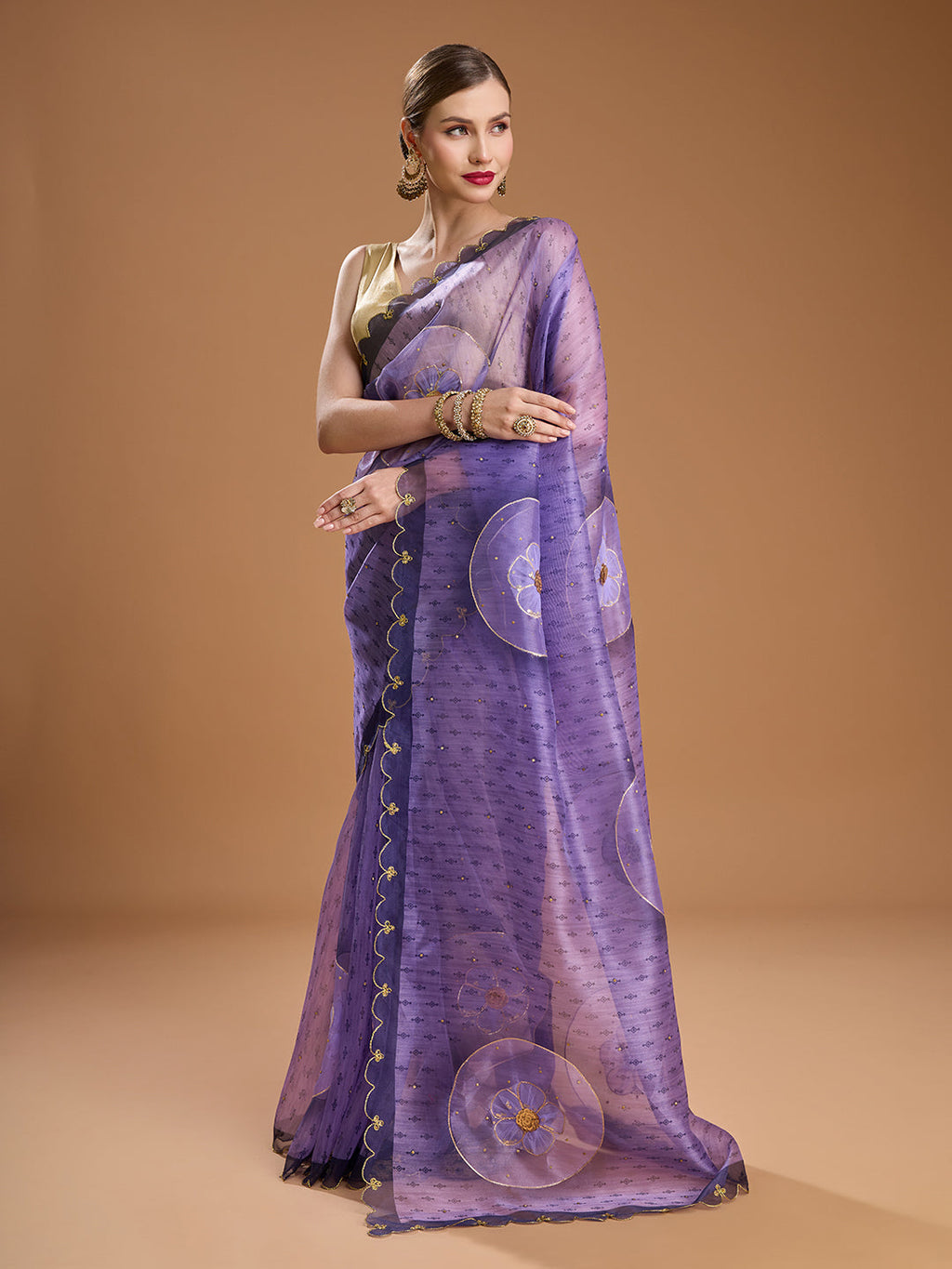 Jyoti Fashion Women's Purple Organza Sequins Embroidered Designer Saree with Blouse | Grocsy