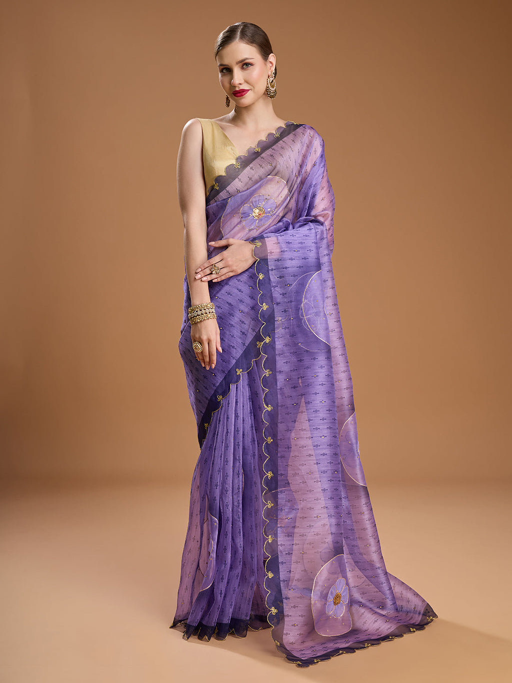 Jyoti Fashion Women's Purple Organza Sequins Embroidered Designer Saree with Blouse | Grocsy