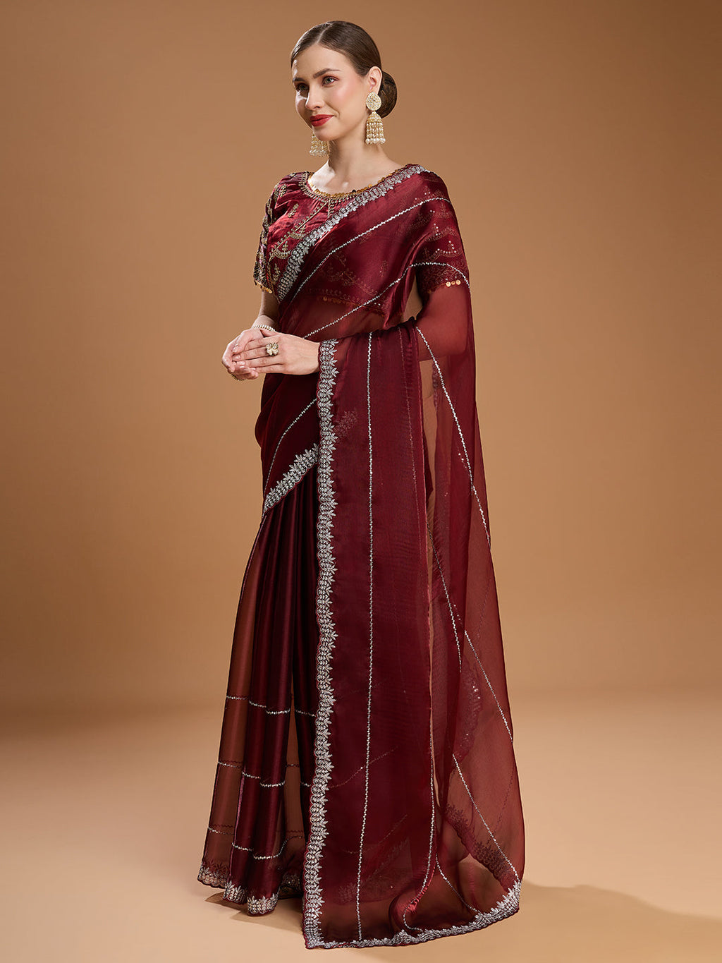 Jyoti Fashion Women's Brown Jimmy Choo Sequins Embroidered Designer Saree with Blouse | Grocsy