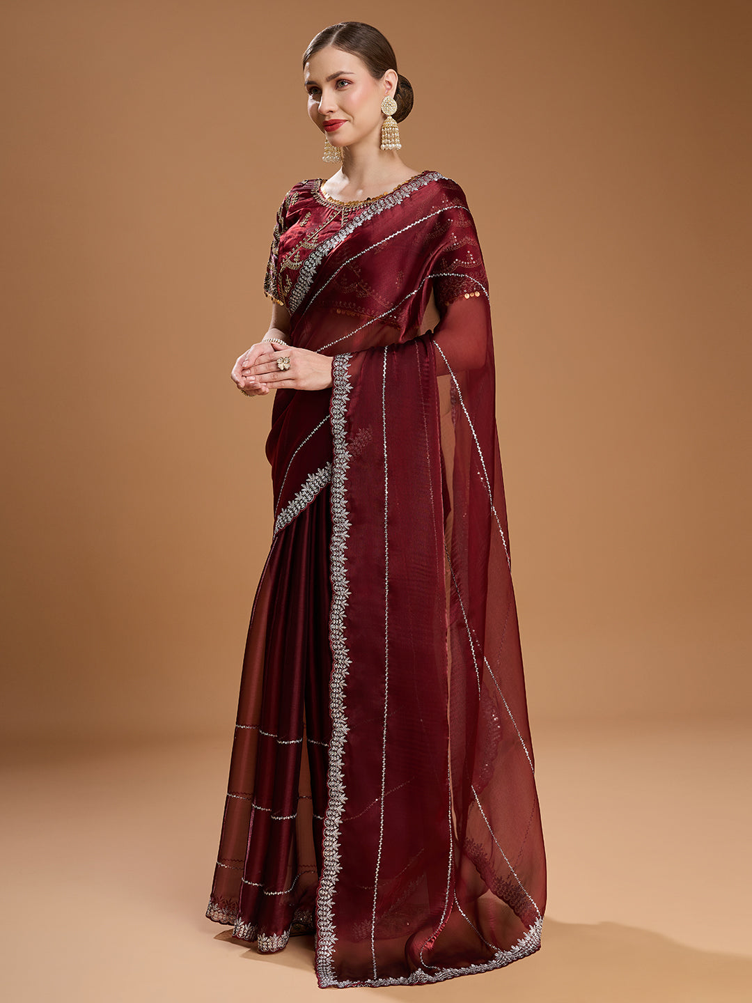 Jyoti Fashion Women's Brown Jimmy Choo Sequins Embroidered Designer Saree with Blouse | Grocsy