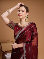 Jyoti Fashion Women's Brown Jimmy Choo Sequins Embroidered Designer Saree with Blouse | Grocsy