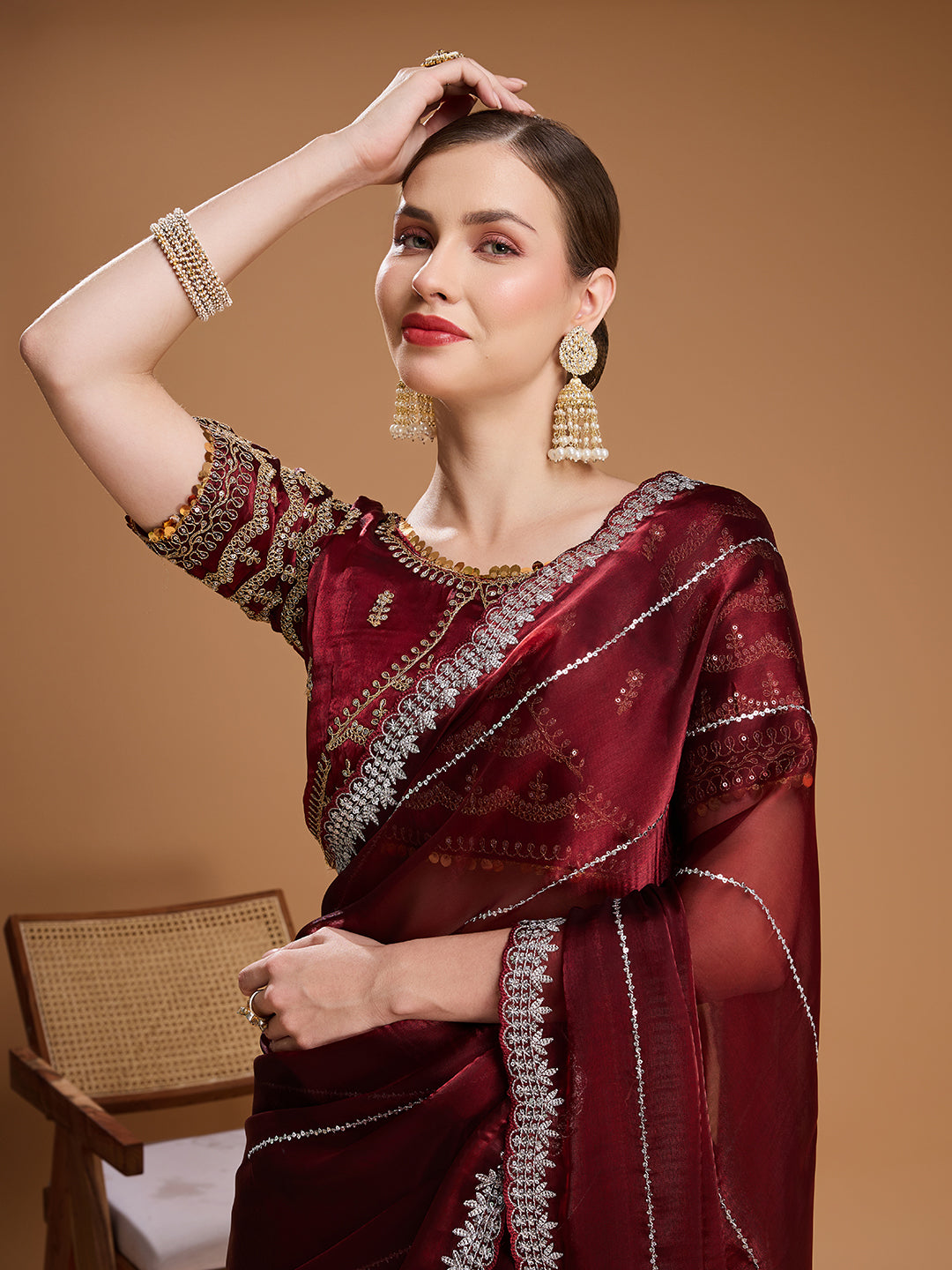 Jyoti Fashion Women's Brown Jimmy Choo Sequins Embroidered Designer Saree with Blouse | Grocsy