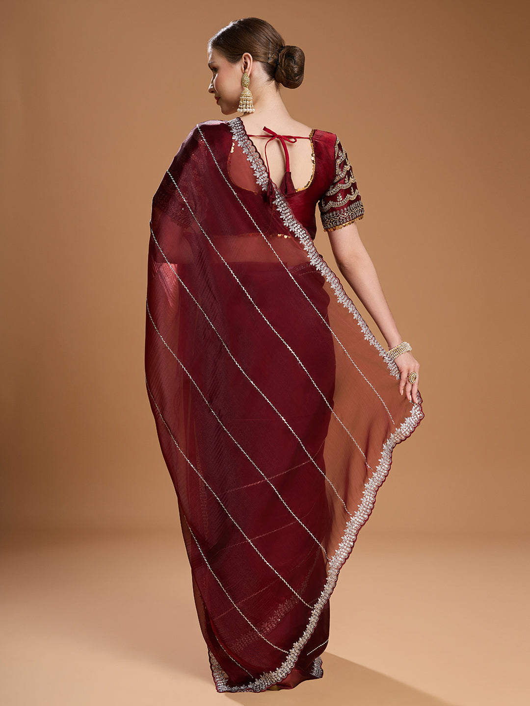 Jyoti Fashion Women's Brown Jimmy Choo Sequins Embroidered Designer Saree with Blouse | Grocsy