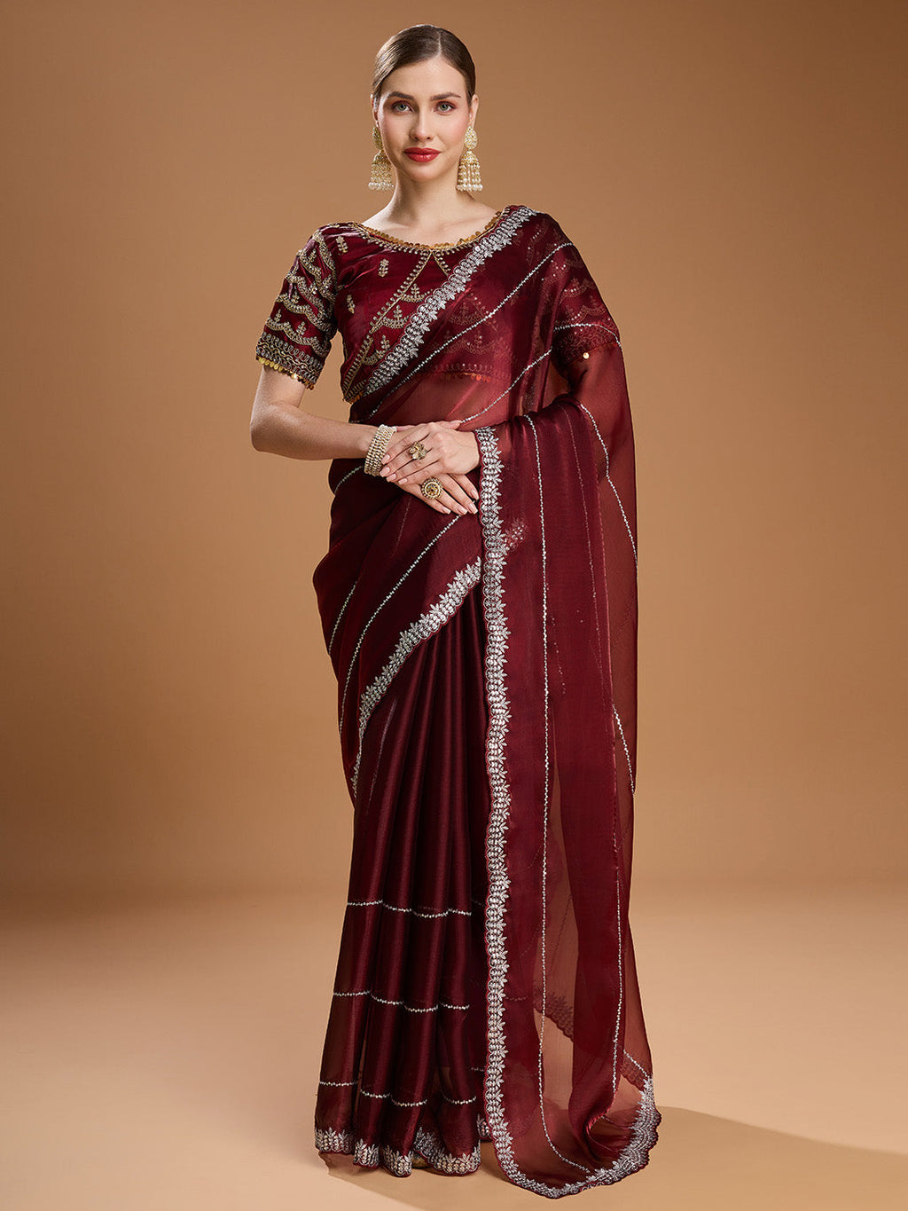 Jyoti Fashion Women's Brown Jimmy Choo Sequins Embroidered Designer Saree with Blouse | Grocsy