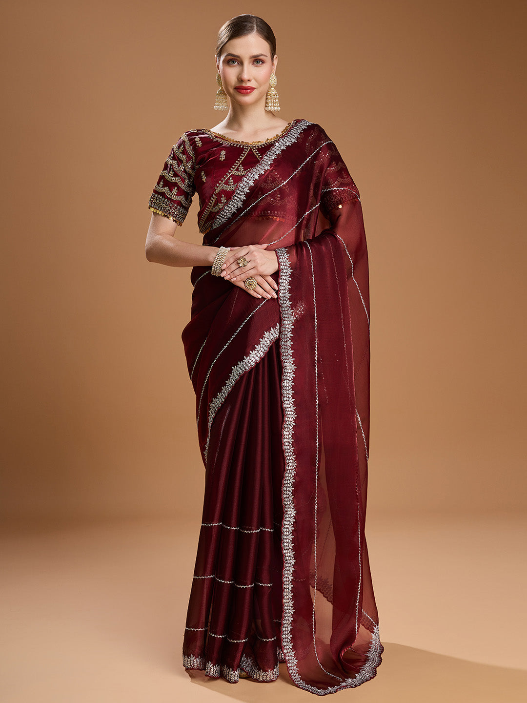 Jyoti Fashion Women's Brown Jimmy Choo Sequins Embroidered Designer Saree with Blouse | Grocsy