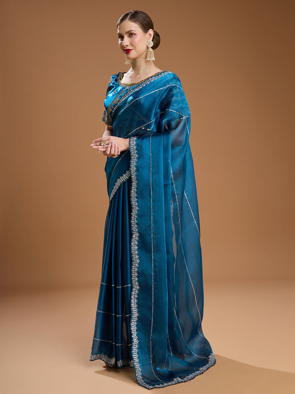 Jyoti Fashion Women's Teal Jimmy Choo Sequins Embroidered Designer Saree with Blouse | Grocsy