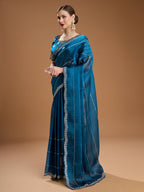Jyoti Fashion Women's Teal Jimmy Choo Sequins Embroidered Designer Saree with Blouse | Grocsy