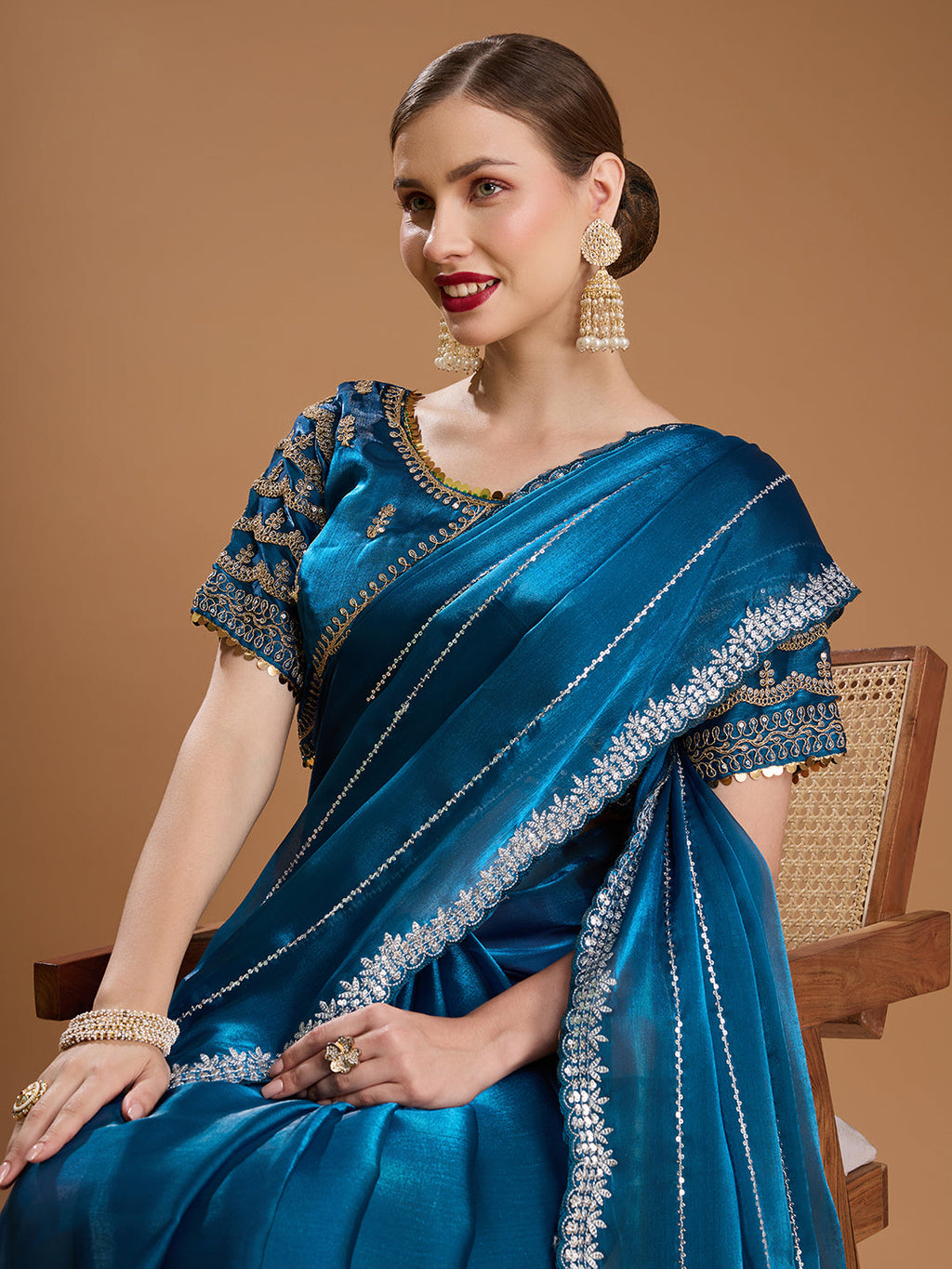 Jyoti Fashion Women's Teal Jimmy Choo Sequins Embroidered Designer Saree with Blouse | Grocsy