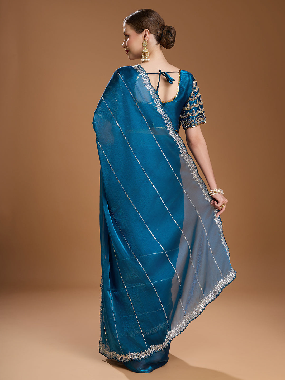 Jyoti Fashion Women's Teal Jimmy Choo Sequins Embroidered Designer Saree with Blouse | Grocsy