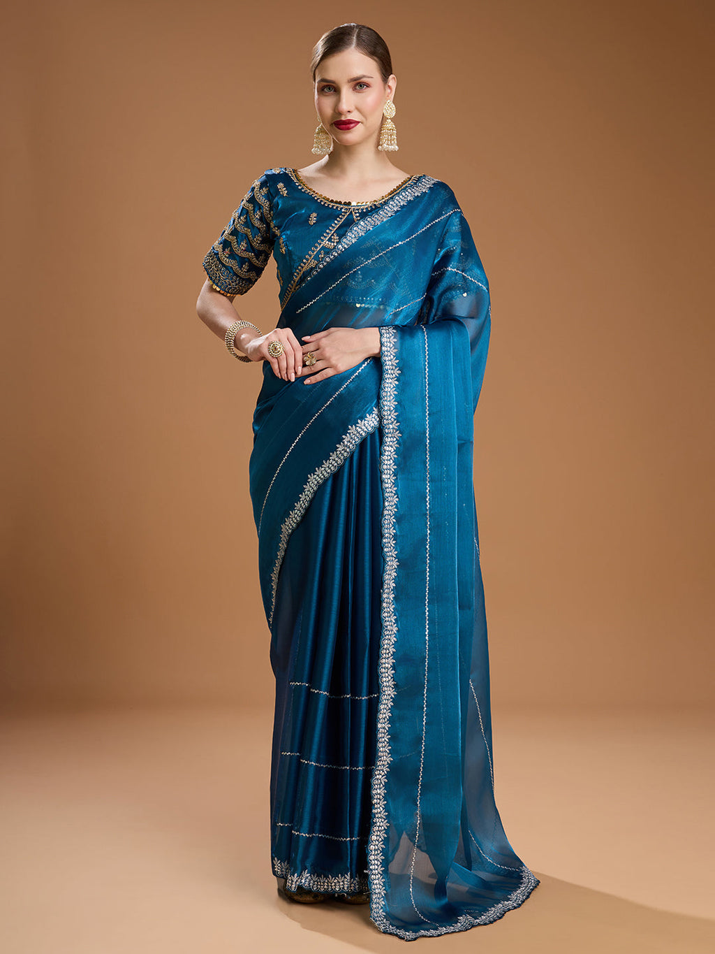 Jyoti Fashion Women's Teal Jimmy Choo Sequins Embroidered Designer Saree with Blouse | Grocsy