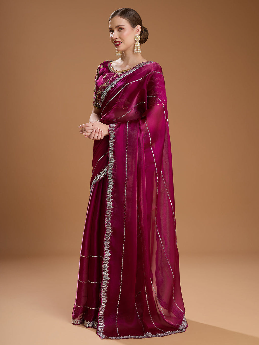 Jyoti Fashion Women's Wine Jimmy Choo Sequins Embroidered Designer Saree with Blouse | Grocsy