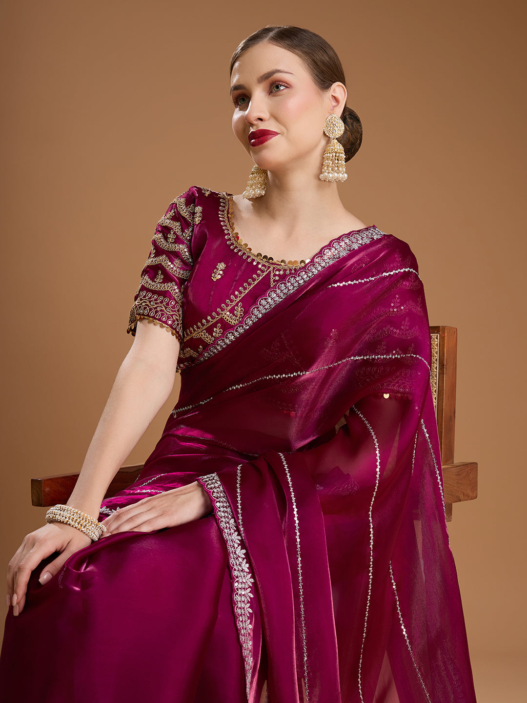 Jyoti Fashion Women's Wine Jimmy Choo Sequins Embroidered Designer Saree with Blouse | Grocsy