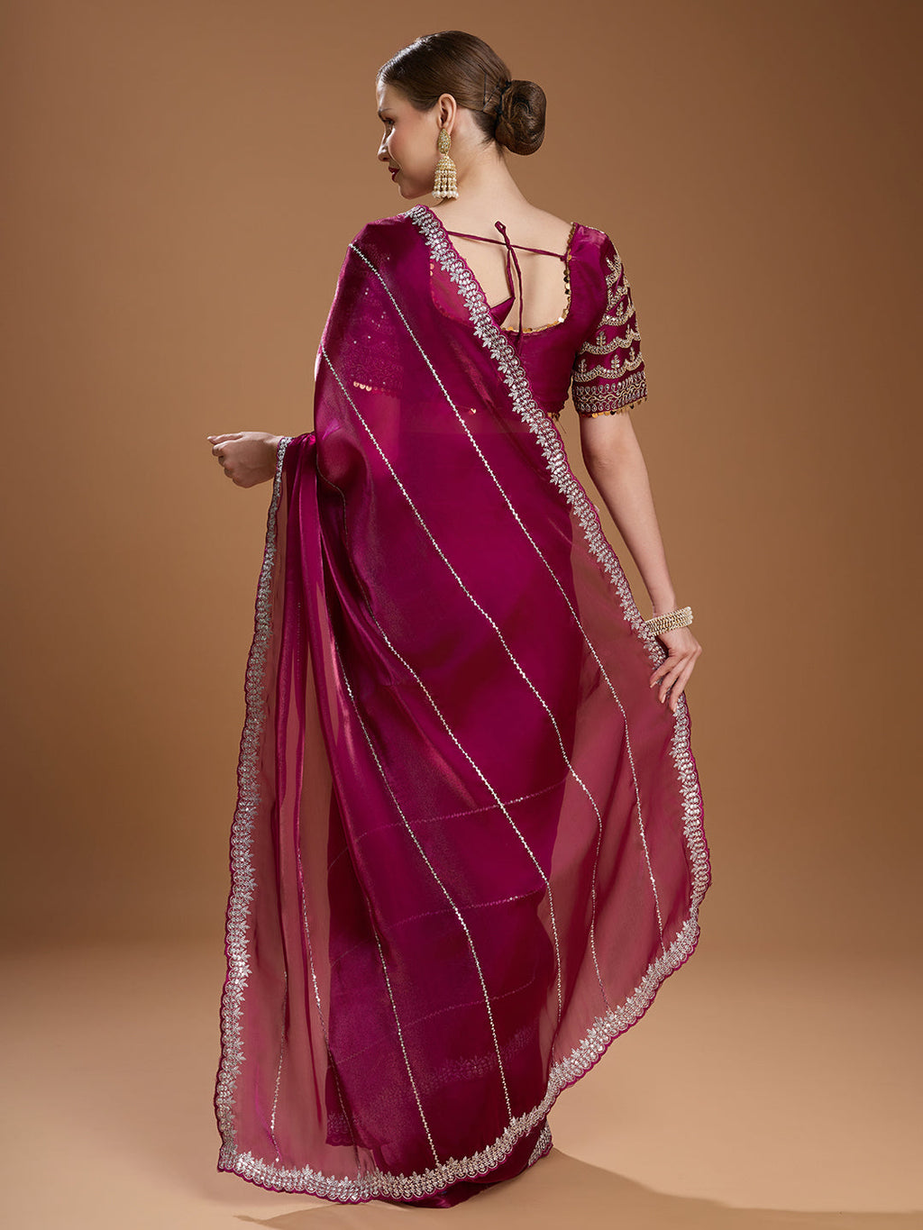 Jyoti Fashion Women's Wine Jimmy Choo Sequins Embroidered Designer Saree with Blouse | Grocsy