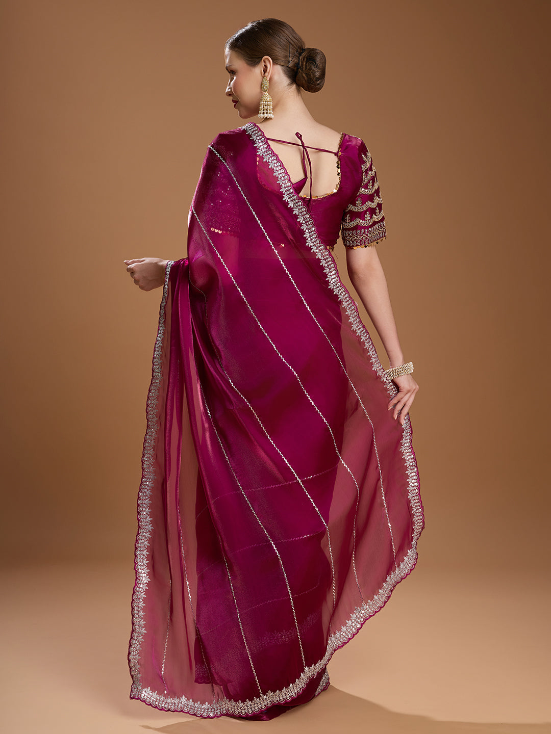Jyoti Fashion Women's Wine Jimmy Choo Sequins Embroidered Designer Saree with Blouse | Grocsy