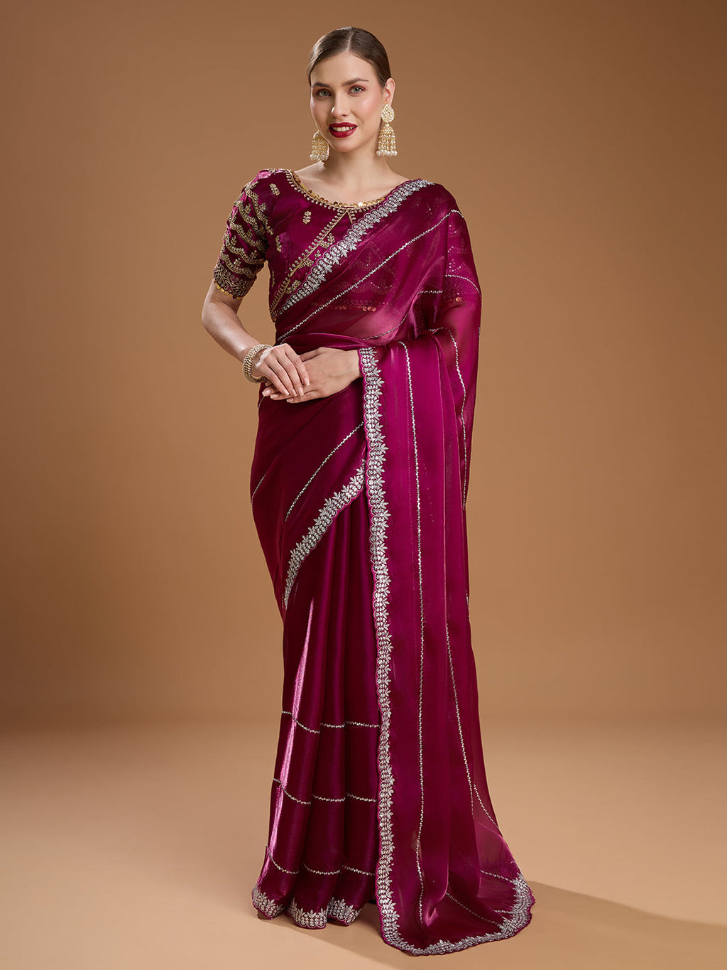 Jyoti Fashion Women's Wine Jimmy Choo Sequins Embroidered Designer Saree with Blouse | Grocsy