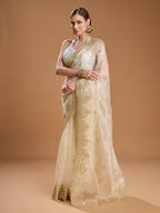 Jyoti Fashion Women's Cream Net Sequins Embroidered Designer Saree with Blouse | Grocsy