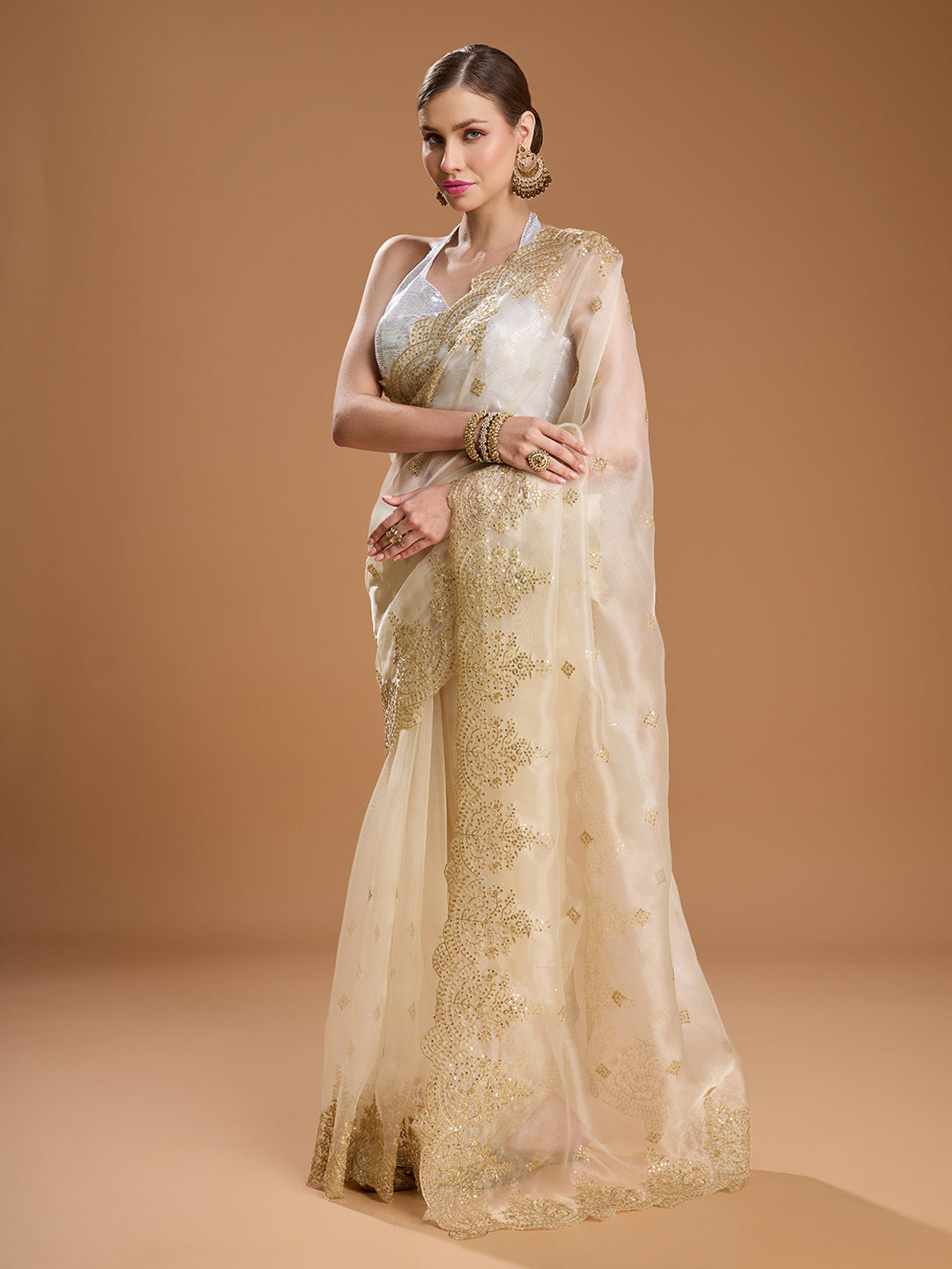 Jyoti Fashion Women's Cream Net Sequins Embroidered Designer Saree with Blouse | Grocsy