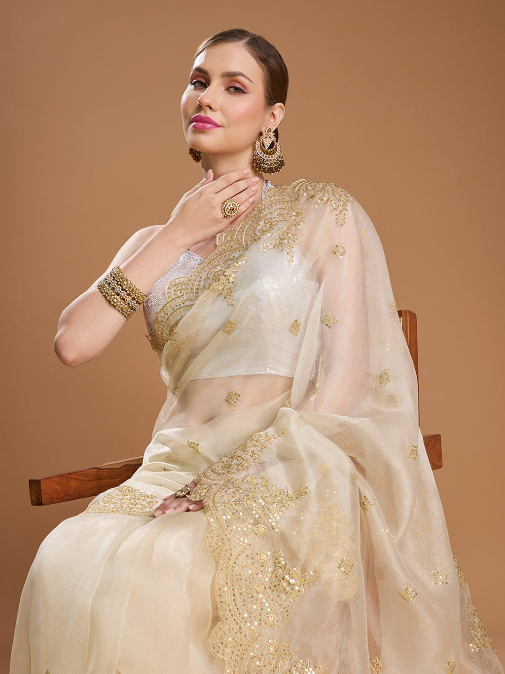 Jyoti Fashion Women's Cream Net Sequins Embroidered Designer Saree with Blouse | Grocsy