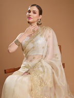 Jyoti Fashion Women's Cream Net Sequins Embroidered Designer Saree with Blouse | Grocsy