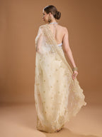 Jyoti Fashion Women's Cream Net Sequins Embroidered Designer Saree with Blouse | Grocsy