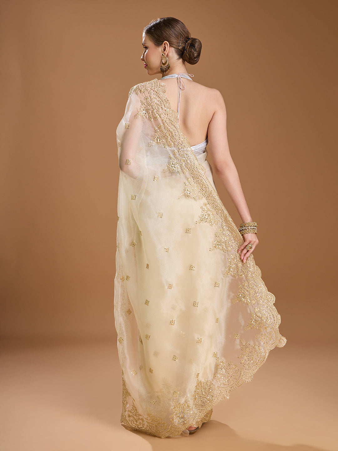 Jyoti Fashion Women's Cream Net Sequins Embroidered Designer Saree with Blouse | Grocsy