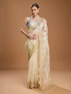 Jyoti Fashion Women's Cream Net Sequins Embroidered Designer Saree with Blouse | Grocsy