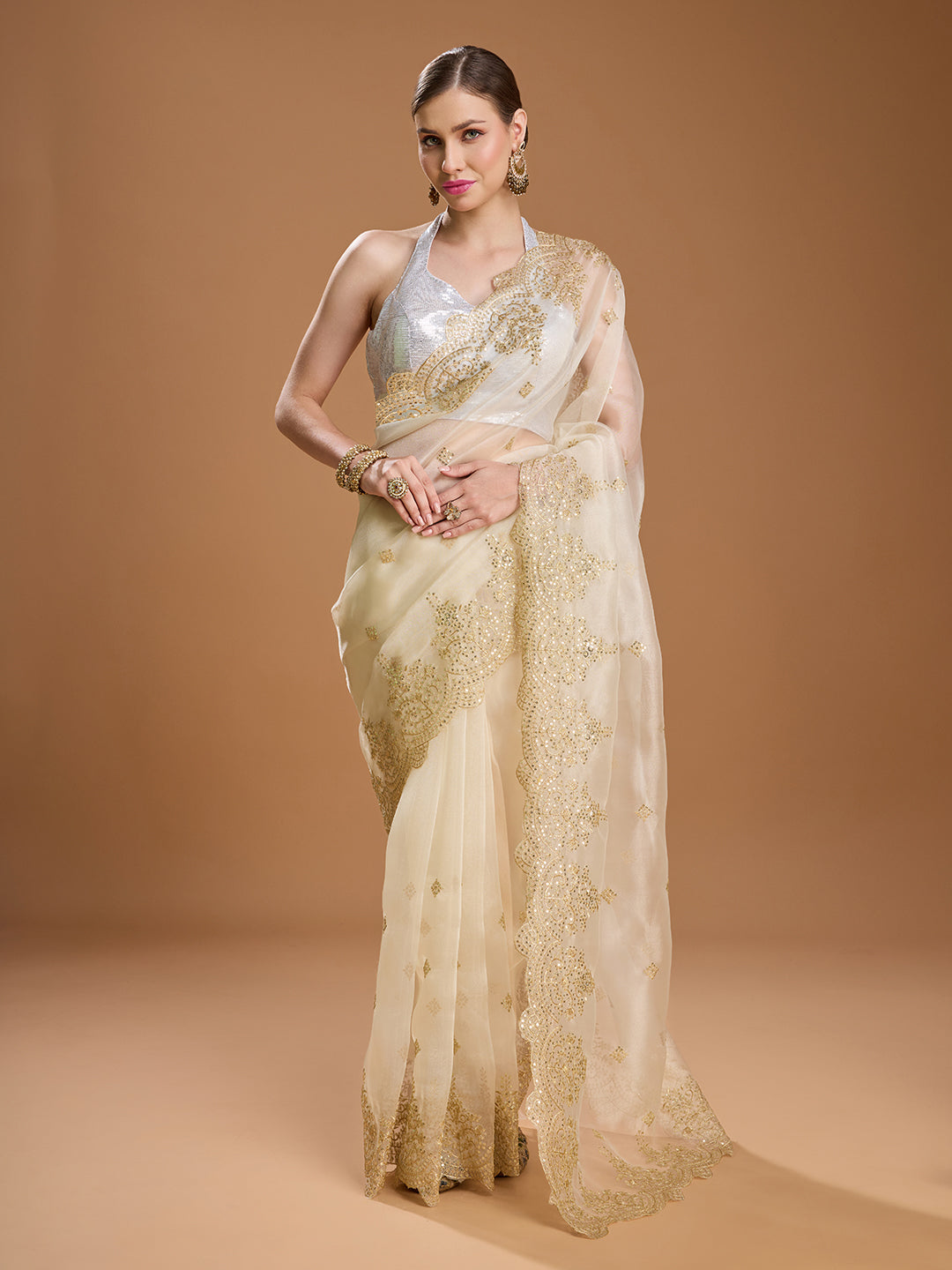 Jyoti Fashion Women's Cream Net Sequins Embroidered Designer Saree with Blouse | Grocsy