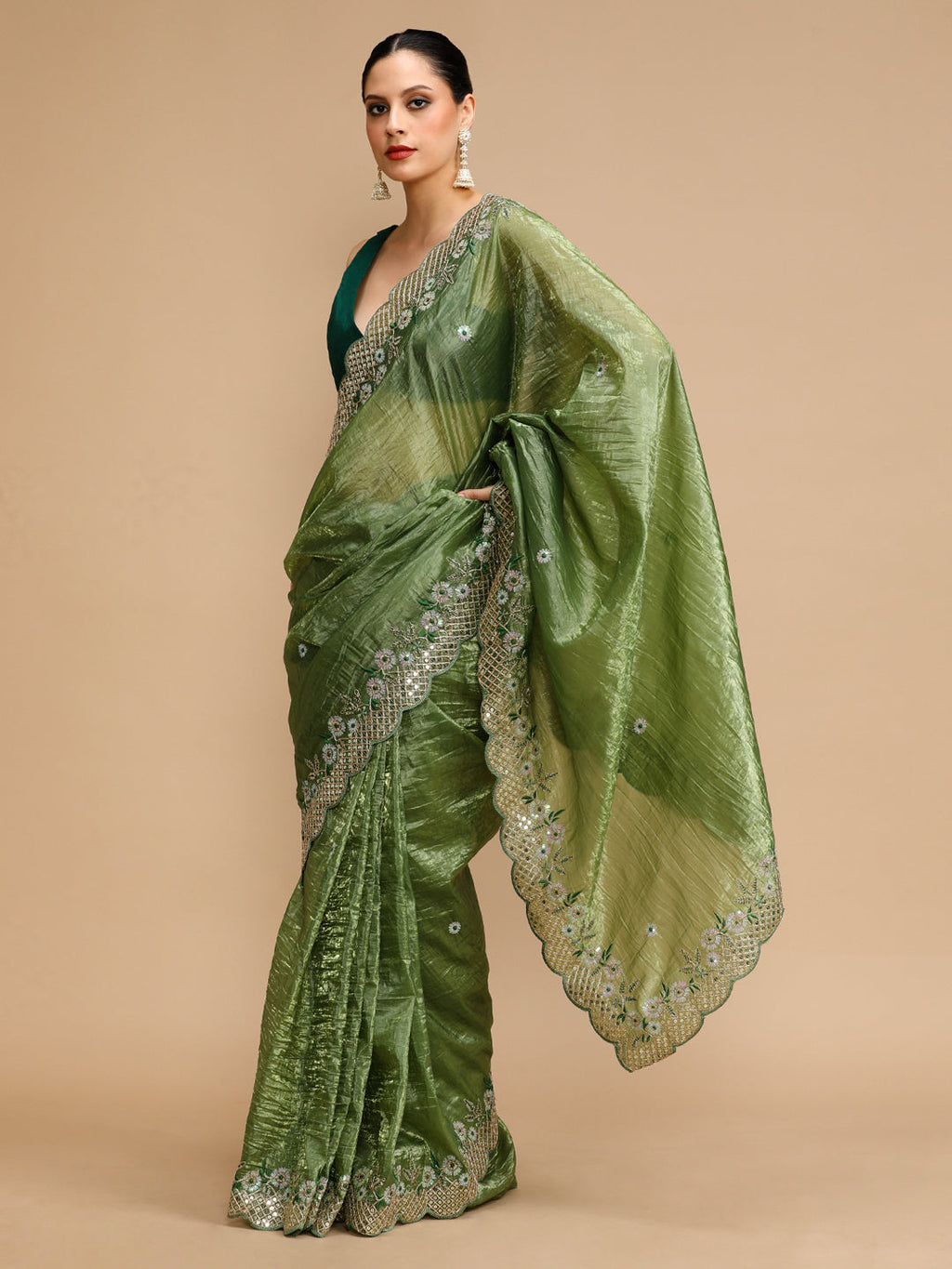 Jyoti Fashion Women's Mehendi Art Silk Sequins Embroidered Designer Saree with Blouse | Grocsy