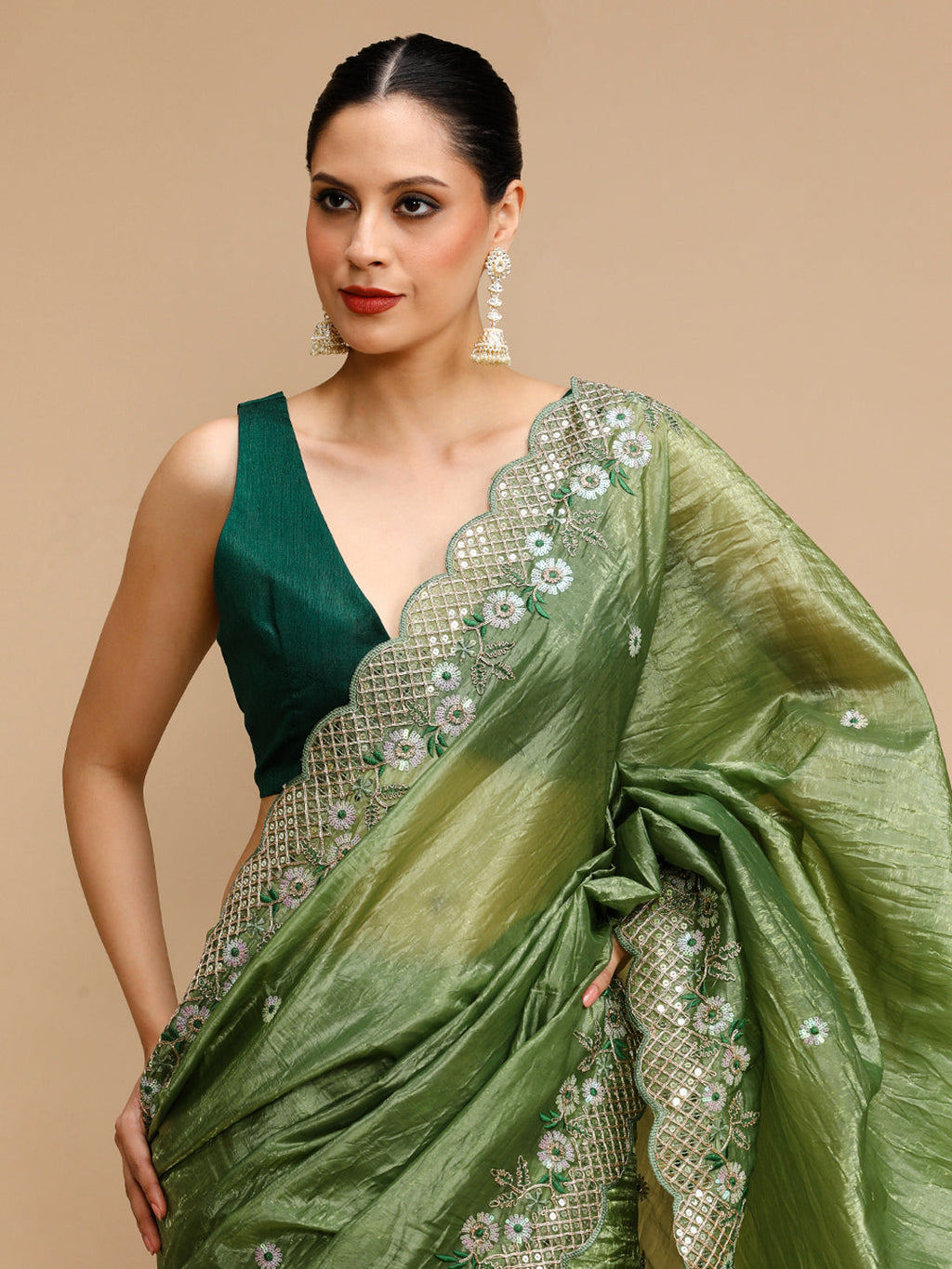 Jyoti Fashion Women's Mehendi Art Silk Sequins Embroidered Designer Saree with Blouse | Grocsy
