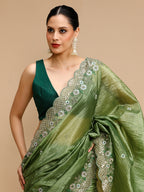 Jyoti Fashion Women's Mehendi Art Silk Sequins Embroidered Designer Saree with Blouse | Grocsy