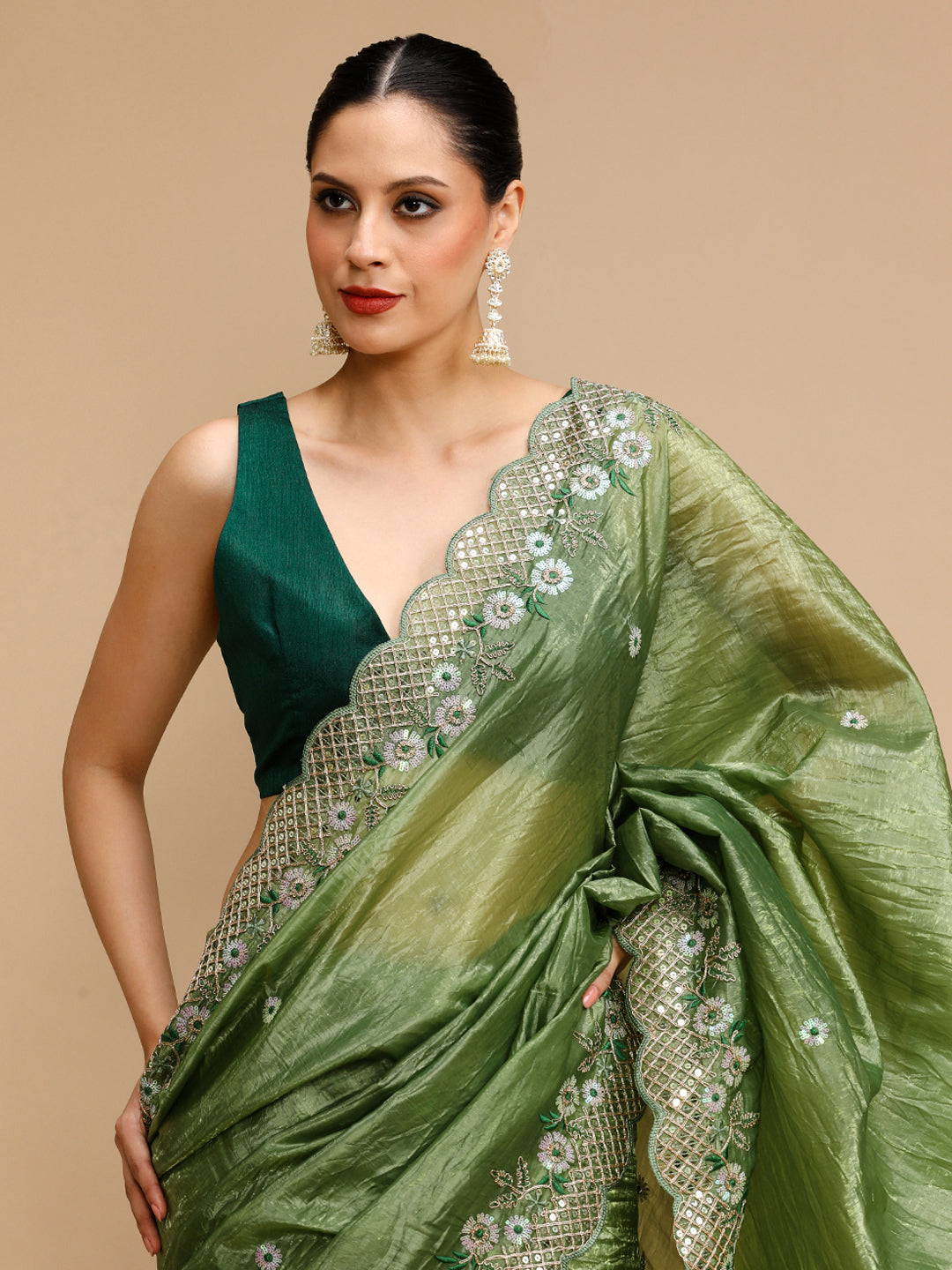Jyoti Fashion Women's Mehendi Art Silk Sequins Embroidered Designer Saree with Blouse | Grocsy