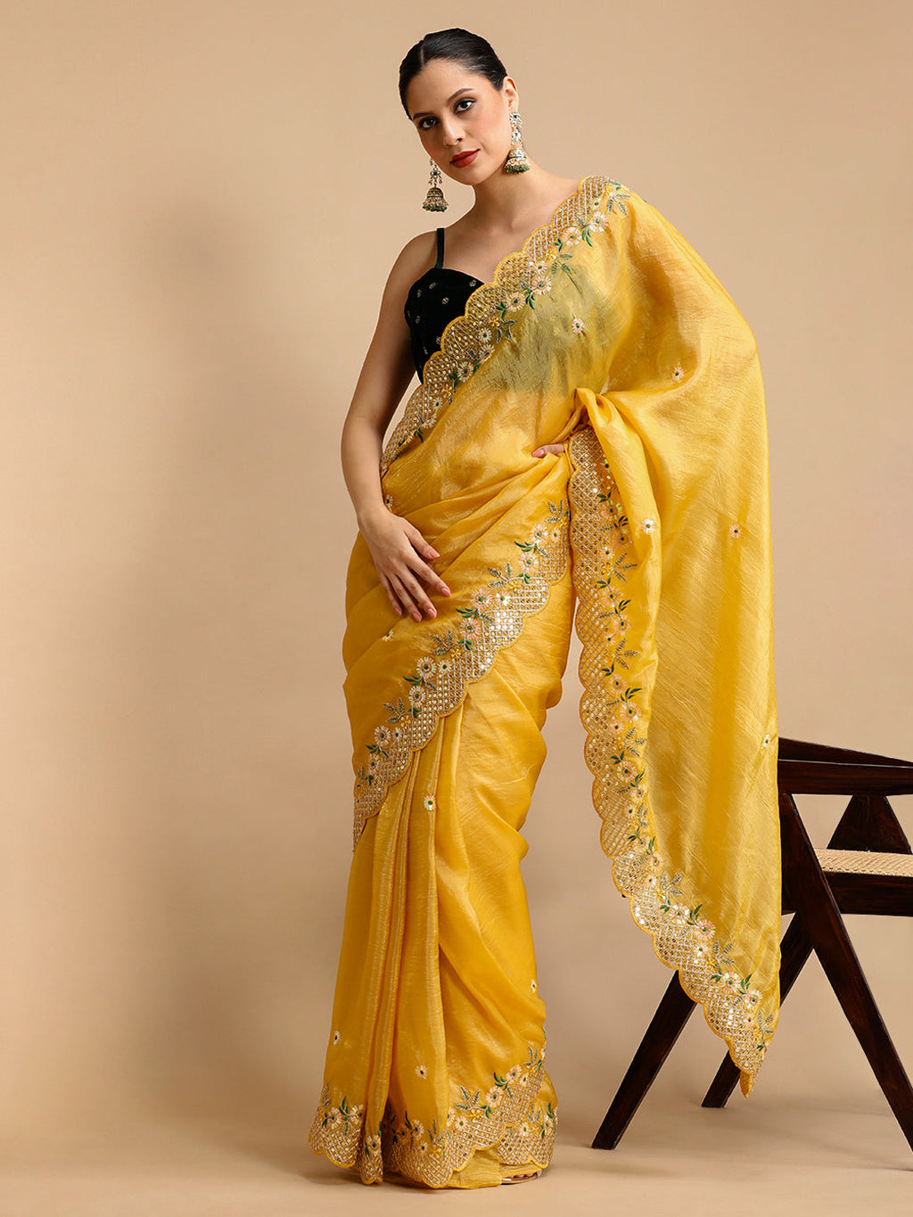 Jyoti Fashion Women's Yellow Art Silk Sequins Embroidered Designer Saree with Blouse | Grocsy